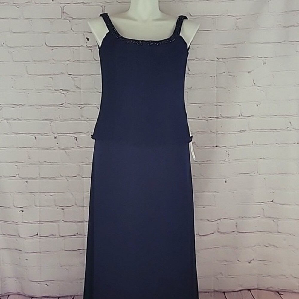 Patra Navy Blue Sleeveless Maxi dress With beaded neckline. Size 10.